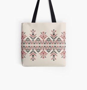 Bolsa de Compras Mediana de Lona Ecológica, Estilo Moderno, Detalle de Cadena con Bolas Bordadas, Patrón de Letras, Cierre Abierto con Cuerda - Product Image 1