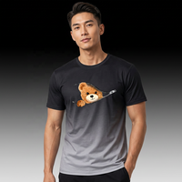 T-shirt à manches courtes noir pour homme avec imprimé ours de dessin animé et fermeture éclair, col rond décontracté, coupe régulière, tissu jersey 100% coton