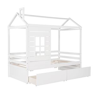 Letto a casetta in legno bianco per bambini, misura Twin, con due cassetti contenitore - Product Image 3