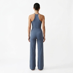 Ensemble de yoga pour femmes, bleu, col halter, leggings taille haute, longueur intégrale, sans couture, respirant, vêtements de sport, ensemble 2 pièces - Product Image 3