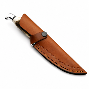 Cuchillo de caza de acero de Damasco con punta de gota y mango de asta, hoja fija de filo recto - Product Image 3