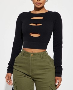 Blusa Corta de Manga Larga con Detalle Recortado Estilo Y2K para Mujer, Camisa de Punto Sólido Elástica, Ajuste Personalizado, Proveedor de Ropa de Boutique con Logotipo Personalizado - Product Image 5