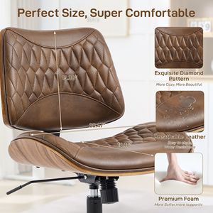 Sedia da Ufficio Girevole Moderna in Noce con Schienale in Legno Curvato e Rivestimento in Pelle PU, Senza Braccioli, Altezza Regolabile e Ruote per Scrivanie Piccole - Product Image 3