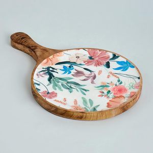 Floral Design Sticker Enamel Coated Mango Wooden Platter Round Serving Tray Ideal for Gifting Home and <b>Kitchen</b> Breakfast Usage - Product Image 4