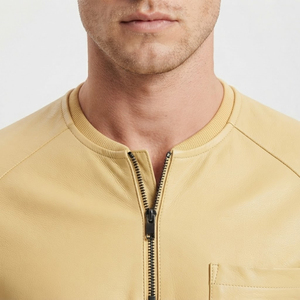 Long Sleeve T-Shirt Quarter Zip Casual Slim Fit Crew Neck Leather Top Chest Pocket Soft Premium Leather Fashion Wear Custom <b>Logo</b> - Product Image 5