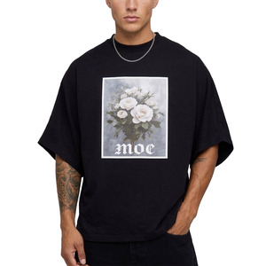 เสื้อยืดโอเวอร์ไซส์ลายดอกไม้สไตล์วินเทจสำหรับผู้ชาย ผ้าคอตตอนหนา 100% สตรีทแวร์ ทรงบ็อกซี่ ไหล่ตก เสื้อยืดฤดูร้อน - Product Image 1
