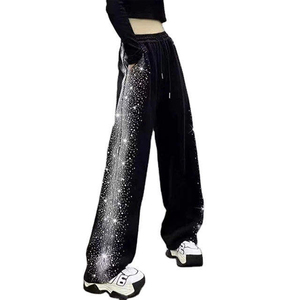 Pantalon de survêtement unisexe tendance en coton 100% de haute qualité, coupe ample, délavé à l'acide, avec strass personnalisés imprimés, style streetwear à jambe large - Product Image 5