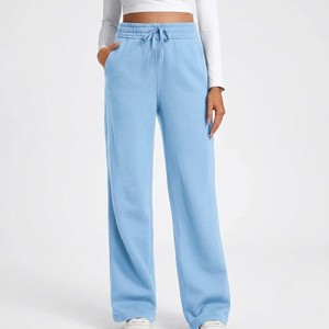 Premium Sky Blue Wide Leg Sweatpants High Waist <b>Drawstring</b> Lounge <b>Trousers</b> Women Casual Relaxed Fit Pants - Product Image 4