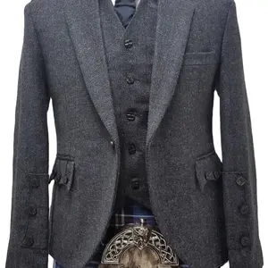 Groothandel Op Maat Gemaakte Twitted Grijze Tweed Crail Schotse Kilt Vest Jassen