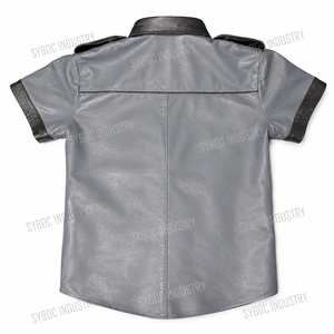 เสื้อเชิ้ตหนังแกะผู้ชาย แขนสั้น สีขาว เทา ดำ แต่งแถบผ้าตัดกัน กระเป๋าแบบมีฝาปิด สไตล์ยูทิลิตี้ หนังแกะแท้ เสื้อคลับแวร์ - Product Image 2