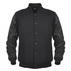 Blouson universitaire noir en laine avec manches en cuir grainé et doublure matelassée – Veste Letterman haut de gamme - Product Image 1
