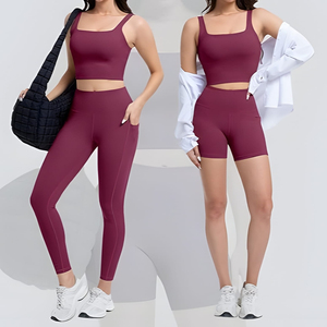Burgundy High Waisted Yoga <b>Leggings</b> Set Seamless Full Length 2PCS Solid Color Spandex Polyester Women Workout Pants - Product Image 1