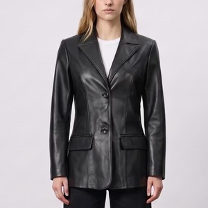 Women’s Black Leather <b>Blazer</b> Jacket, Two <b>Button</b> Real Sheep Leather Coat - Product Image 1