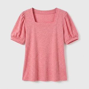 T-shirt décontracté pour femme, couleur unie, en polyester, col rond, manches courtes froncées papillon, anti-boulochage, tricoté – Meilleure vente - Product Image 6