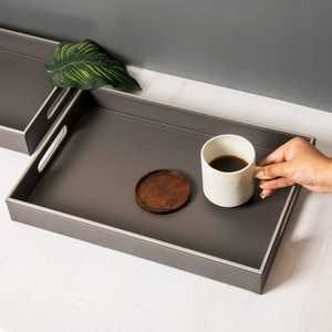 Plateau de service en similicuir sur mesure, plateaux décoratifs en similicuir pour apéritifs, plateau de présentation en bois naturel et similicuir - Product Image 3