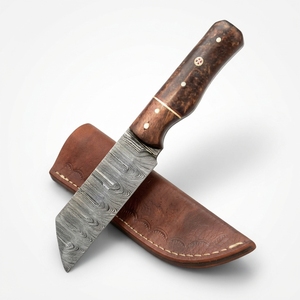 Couteau de chasse à lame fixe en acier Damas fait main, manche en bois, étui en cuir, couteau utilitaire pour bushcraft, camping, EDC, Skinner - Product Image 1