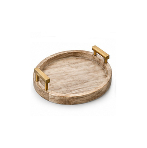 Plateau de rangement rond en bois avec poignées en laiton, design minimaliste, à un seul niveau, pour table, finition brute - Product Image 1
