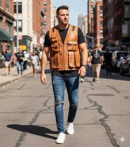 Chaleco de Motociclista de Cuero Marrón MCM para Hombre, Chaleco Casual para Motociclistas, Hecho a Mano - Product Image 2