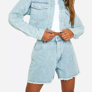 Shorts de Mezclilla Azules Lavados de Primera Calidad, Marca Privada para Mujer, Corte Ajustado, a la Moda, Precio Económico, Servicio OEM - Product Image 3