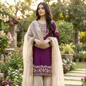 Ensemble de costume en soie GMY richement brodé – Kurti à manches longues avec Plazzo et Dupatta - Product Image 1