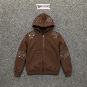 เสื้อฮู้ดซิปผู้ชายสีน้ำตาลประดับเพชรเทียม สไตล์สตรีทแวร์ ทรงโอเวอร์ไซส์ แต่งเพชรเทียมที่ไหล่และแขน ทรงปกติ สวมใส่สบาย ลดราคาสุดพิเศษ - Product Image 5