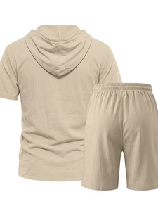 Men Breathable Knitted Solid Hooded Shirt Set Short Sleeve Button-Up Top and Elastic Waist Shorts Casual Summer Outfit - Product Image 2