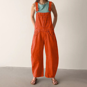 Women's Washed Solid Color Denim Dungarees Wide leg Bib Overall Casual Loose Fit Jeans Jumpsuit - Product Image 4