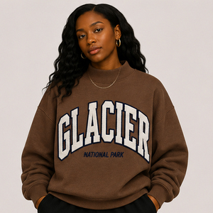 Sudadera Corta para Mujer del Parque Nacional Glaciar, Cuello Redondo, Manga Regular, Mezcla de Algodón Tejido, Gris Claro, Estampado de Letras, Ropa de Otoño - Product Image 2