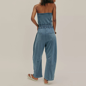 Women Denim <b>Jumpsuit</b> Casual One Piece Outfit Button Front Long Sleeve <b>Wide</b> <b>Leg</b> Blue Denim Fashion Clothing Wholesale Custom Size - Product Image 2