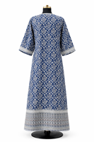 Robe longue décontractée en coton bleu imprimé à la main avec bordure décorative, manches trois quarts, poches latérales, pour femme, tenue d'été