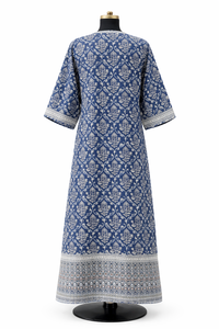 ชุดเดรสผ้าฝ้ายพิมพ์ลายบล็อกสีน้ำเงิน แต่งขอบลาย แขนสามส่วน มีกระเป๋าข้าง ชุดลำลองสำหรับผู้หญิง ชุดยาวใส่สบายสำหรับฤดูร้อน - Product Image 6