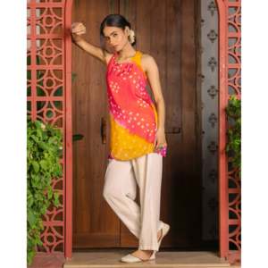Rani <b>Yellow</b> Bandhej Chiffon Sleeveless Breathable <b>Women's</b> Kurta Set-XS Size - Product Image 3