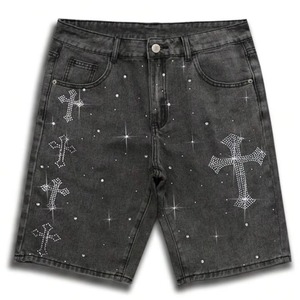 Pantalones Cortos de Mezclilla Casuales para Hombre, Estilo Vintage, con Cierre, Dobladillo sin Rematar, Tela de Algodón, para Gimnasio y Running, con Pedrería - Product Image 4