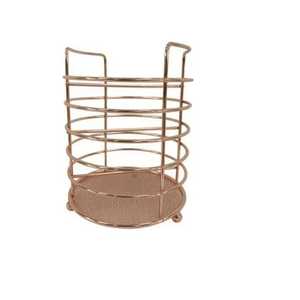 Modern <b>Copper</b> Finish Wide Wire Flatware Caddy Metal Cutlery Holder with Mesh Base <b>Kitchen</b> <b>Utensil</b> Organizer Spoon Fork Bin - Product Image 1