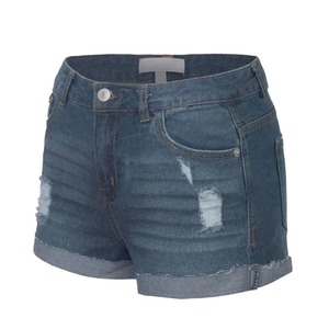 Shorts en jean déchirés taille haute pour femme, décontractés, en coton délavé, avec braguette boutonnée, couleur unie - Product Image 3