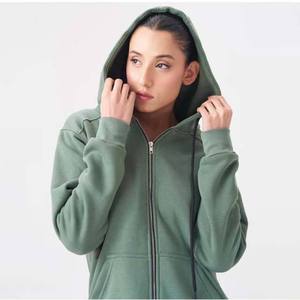 Women's Solid <b>Green</b> Hooded Zip-Up Fleece Hoodie Full Sleeve Regular Length Breathable Cotton Autumn Wear - Product Image 4