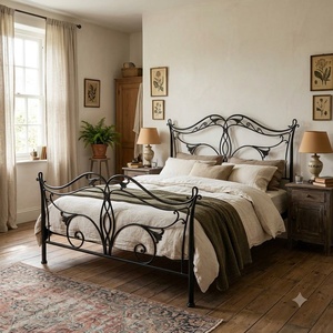 Cama de Plataforma Queen de Hierro Forjado de Grado Comercial, Estilo Victoriano, con Tapicería de Cuero Ajustable y Cabecera Ajustable para Uso en Hoteles - KHP - Product Image 4