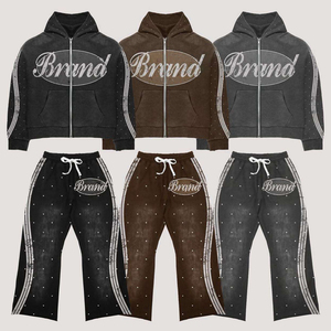 Conjunto de Sudadera con Capucha Azul de Forro Polar Pesado y Joggers con Dobladillo Desgastado y Bordado 8 Bit, Estilo Y2K, Personalizado para Hombre, de Glory Wholesale - Product Image 1