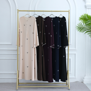 Abaya bleu marine brodée pour femme, robe longue à manches longues, col rond, en coton, pour usage quotidien, style Moyen-Orient - Product Image 4