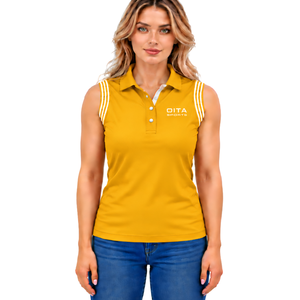 Polo sans manches jaune moutarde pour femme, coupe ajustée, col à revers, pour l'équitation et l'entraînement, personnalisable, vente en gros - Product Image 1