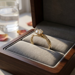 Anillo de Compromiso Clásico de Oro Sólido de 14K con Moissanita, Corte Brillante Redondo, Engaste de Garras, Acentos Laterales Pavé para Mujer - Product Image 3