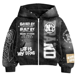 Casual Streetwear Oversized Vintage Distressed Graphic Zipper Hoodies Heavyweight Full Zip Hoodie with Rhinestone Street Fashion - Product Image 2