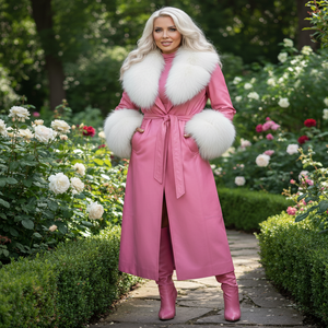 Abrigo Largo de Piel de Pescado con Diseño de Cinturón y Forro de Seda con Pelo de Zorro para Mujer, Venta al por Mayor, Gabardina Personalizada para Mujer - Product Image 5