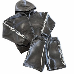 <b>Men</b> Washed <b>Grey</b> Hooded Zip Up Tracksuit Set Print Loose Fit <b>Hoodie</b> Shorts 2 Piece Streetwear - Product Image 5