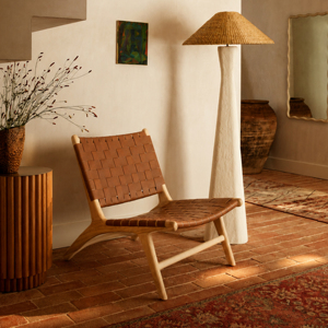 Fauteuil lounge en cuir tissé de qualité supérieure, structure en teck massif, fauteuils d'appoint modernes de style mid-century, meubles de salon indonésiens - Product Image 5