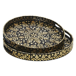 Ensemble de 2 plateaux de service en bois de style marocain avec incrustation de mosaïque multicolore vibrante, plateau décoratif pour la cuisine et la salle à manger - Product Image 1