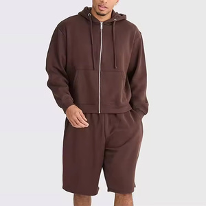Men's Hoodie and Shorts Set Solid Color Cotton French Terry Casual Wear Summer Outfit Brown Full <b>Zip</b> <b>Hooded</b> Matching Shorts - Product Image 3