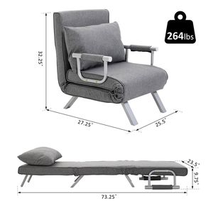 Poltrona Letto Pieghevole Grigio Chiaro a 5 Posizioni Senza Braccioli per Soggiorno con Telaio in Acciaio Estensibile e Imbottitura in Schiuma - Product Image 3