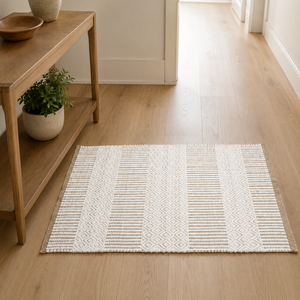 Nouveau paillasson blanc en PP avec motif géométrique et bordure beige, garantie de 2 ans - Product Image 4