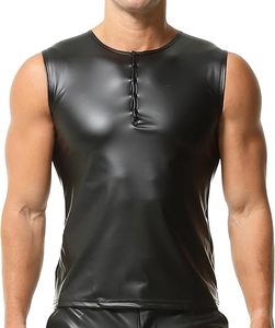 เสื้อกล้ามหนังเทียมสำหรับผู้ชายเสื้อกล้ามหนังเทียมสำหรับผู้ชายคอกลมใส่สบายไหล่กว้างหนังสิทธิบัตร - Product Image 5